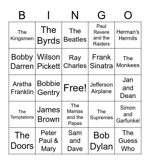 60's Guess Who? Bingo Card