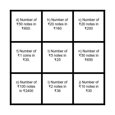 Number of coins or notes Bingo Card