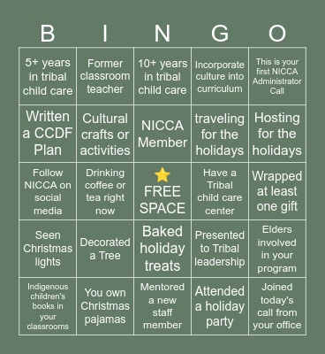 Holiday Bingo for Tribal CCDF Administrators! Bingo Card