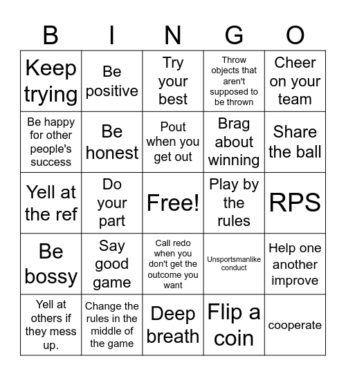 Sportsmanship Bingo Card