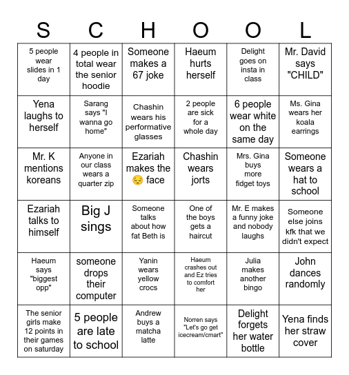 Last Week of School Bingo Card