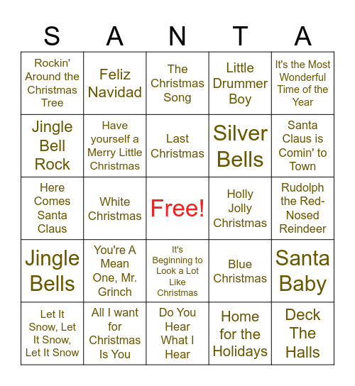 Christmas Songs Bingo Card