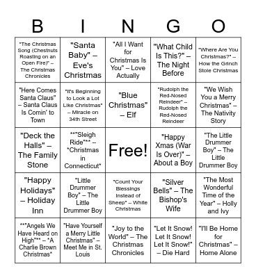 Christmas Movies Bingo Card