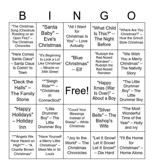 Christmas Movies Bingo Card