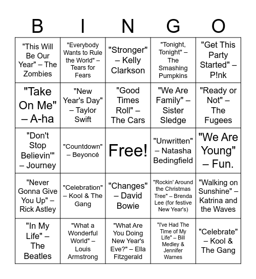 New Years Bingo Card