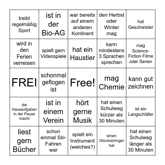 Schüler-Bingo Card