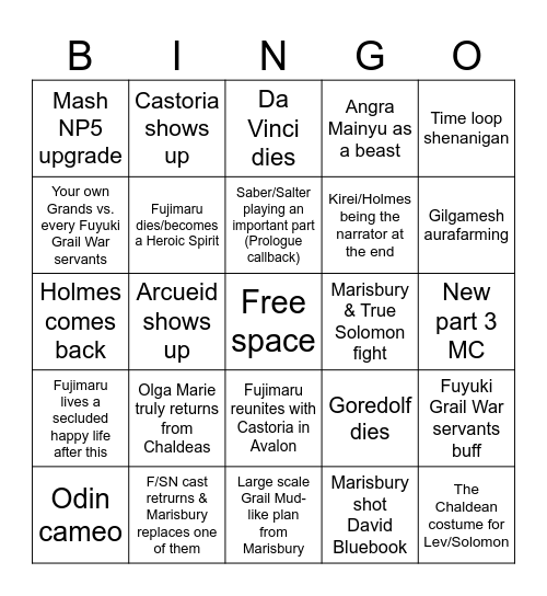 FGO Part 2 Finale Bingo Card