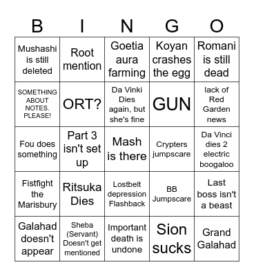 Part 2 Finale Bingo Card