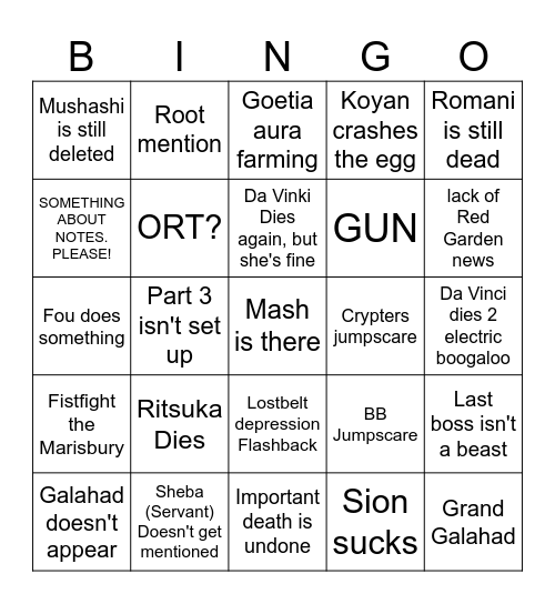 Part 2 Finale Bingo Card