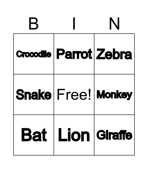 Animals Bingo Card