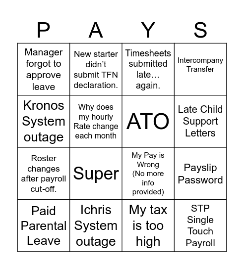 Payroll Christmas Bingo Card