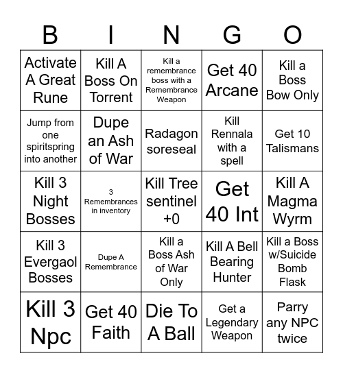 Elden ring Bingo Card