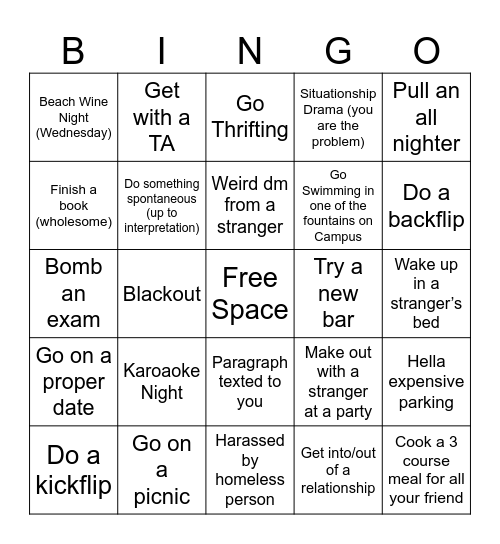 Spring 2025 Bingo (Winner gets a 5 course meal cooked for them by Nika and Trent) Bingo Card