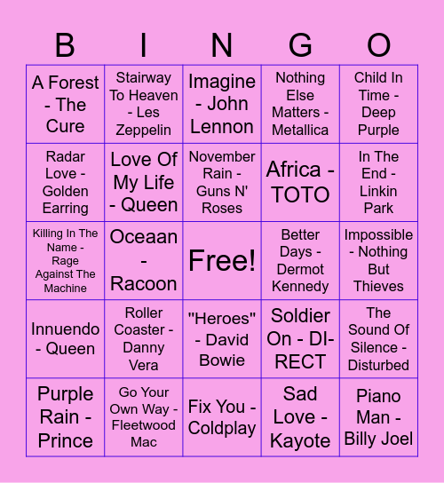 2000 Hits Bingo Card