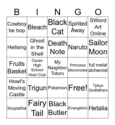 Anime Bingo Card