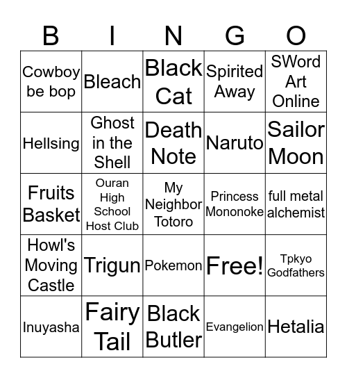 Anime Bingo Card