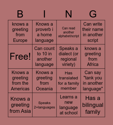 International Mother Language Day Bingo Card