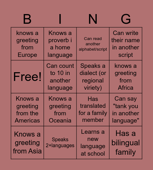 International Mother Language Day Bingo Card