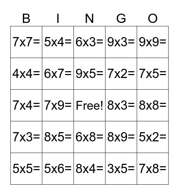 Multiplication Bingo (Call List) Bingo Card