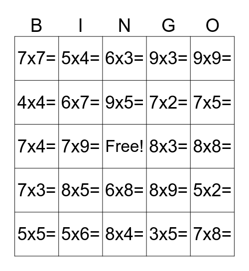 Multiplication Bingo (Call List) Bingo Card