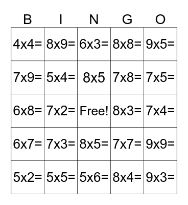 Multiplication Bingo (Call List) Bingo Card