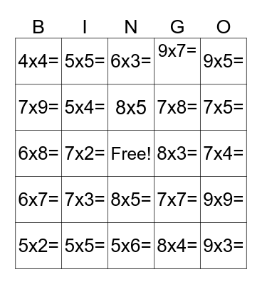 Multiplication Bingo (Call List) Bingo Card
