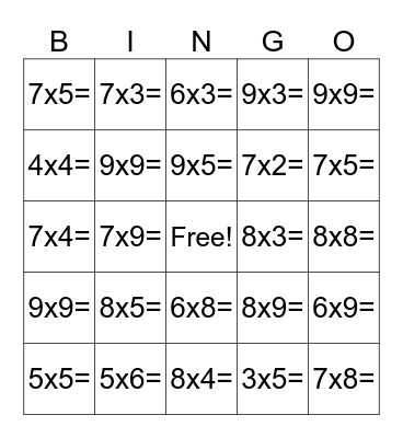 Multiplication Bingo (Call List) Bingo Card