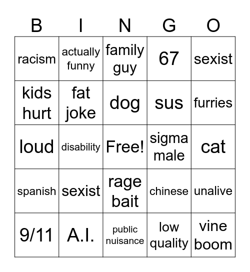 Offensive Memes Bingo Card