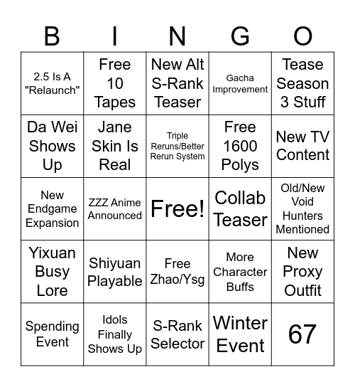 ZZZ 2.5 Livestream BINGO Card