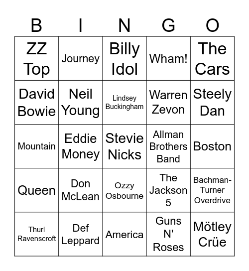 Game 1: Classic Rock Hits w/ a Sprinkling of Holiday Cheer Bingo Card