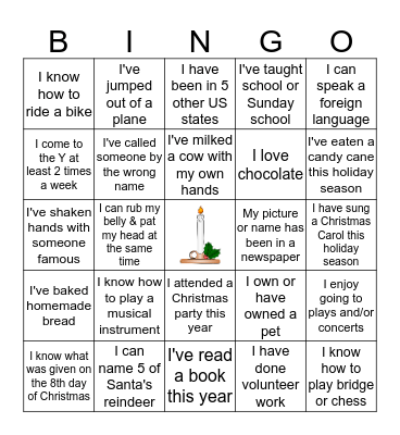 Life Experience Bingo Card