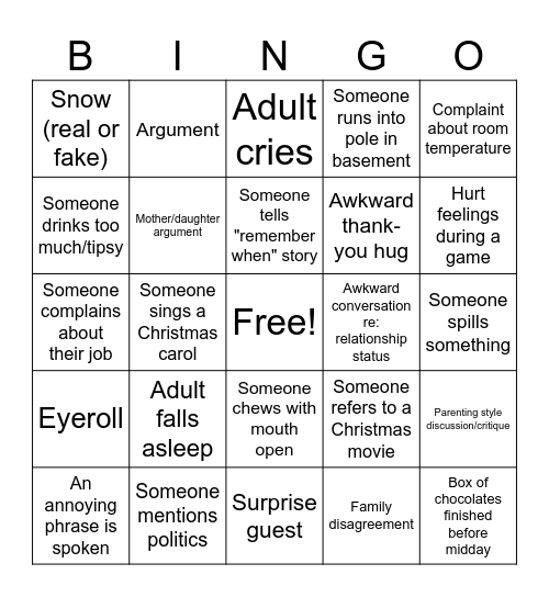 Family Gathering Christmas BINGO! Bingo Card