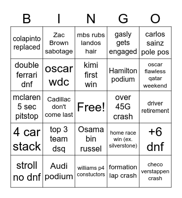 f1 bingo Card