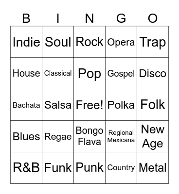 Music Genres Bingo Card