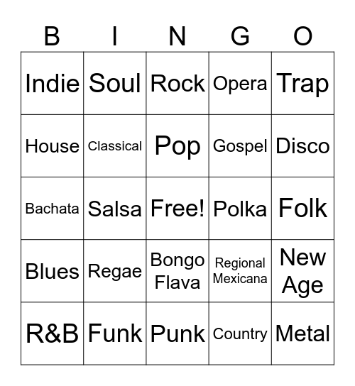 Music Genres Bingo Card