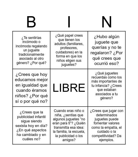 Igualdad de género y juguetes Bingo Card