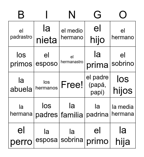 La Familia Bingo Card
