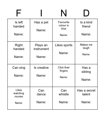 Find Me! Bingo Card