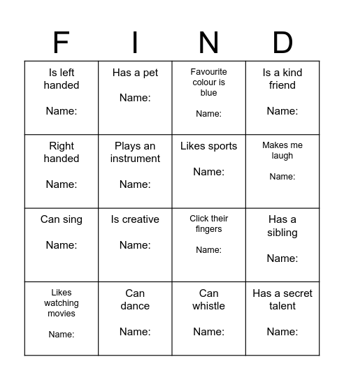 Find Me! Bingo Card