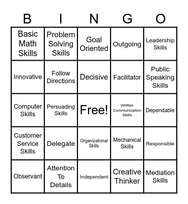 Employment Skills Bingo Card