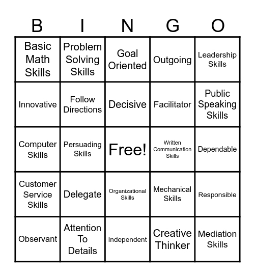 Employment Skills Bingo Card