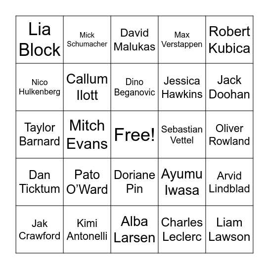 Dee’s Driver Bingo Card