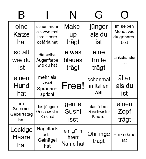 Finde eine Person die… Bingo Card