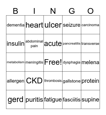 Medical Terms Bingo Card