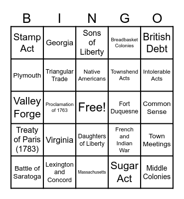 U.S. History Extra Credit BINGO Card