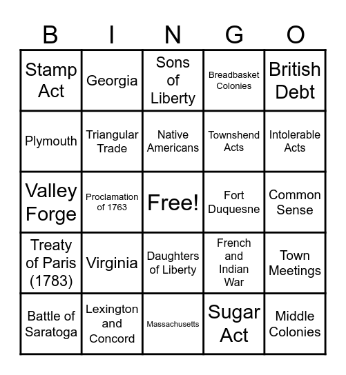 U.S. History Extra Credit BINGO Card