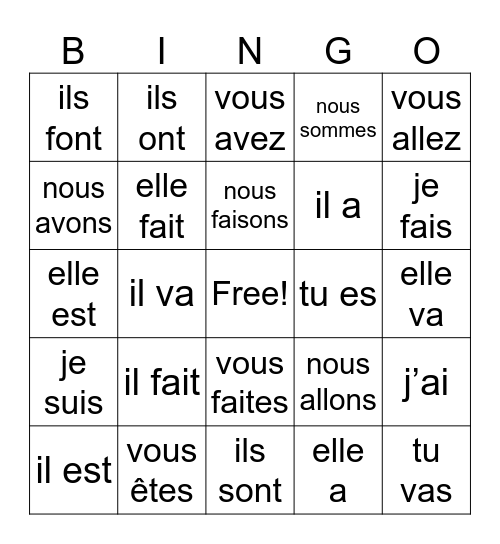 Verbes Bingo Card