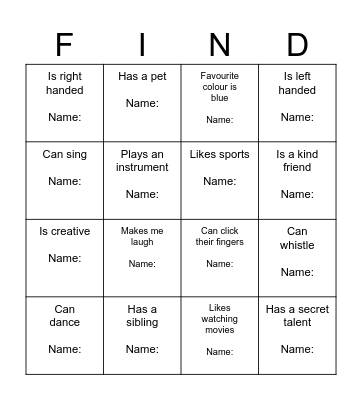 Find Me! Bingo Card