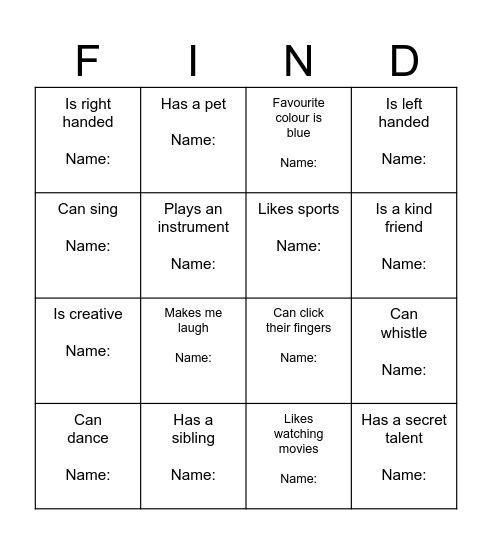 Find Me! Bingo Card