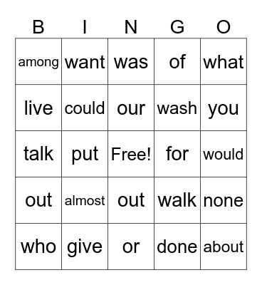 Heart Words up to Module 5 Bingo Card